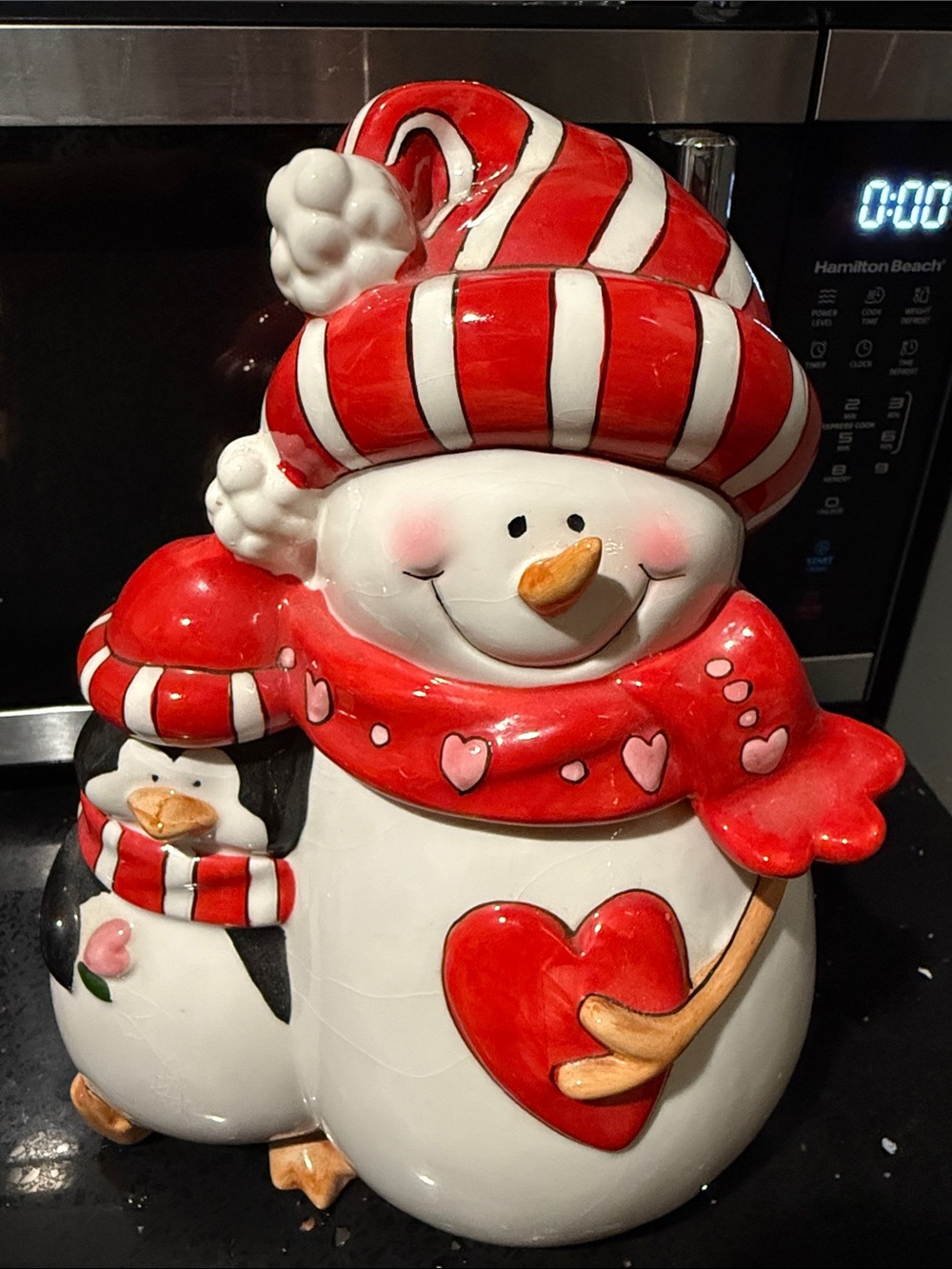 Festive Red & White Snowman with Penguin Ceramic Figurine - 11” x 10”